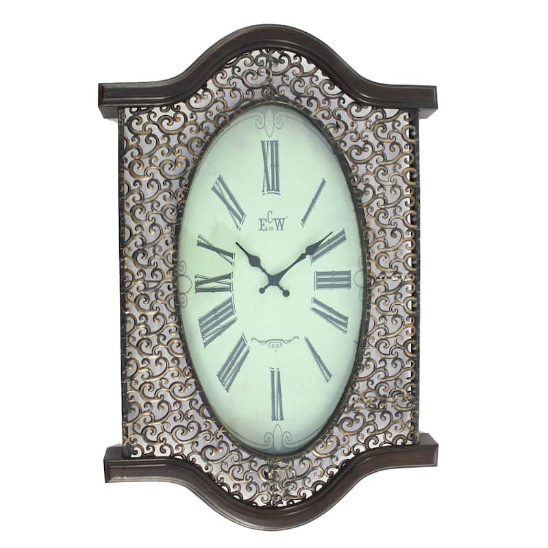 Wall Clock with Scalloped Wooden Top and Bottom, Brown