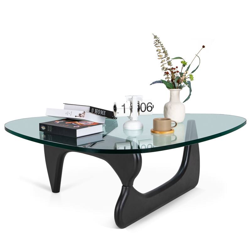 Modern Triangle Glass Coffee Table with Solid Wood Base