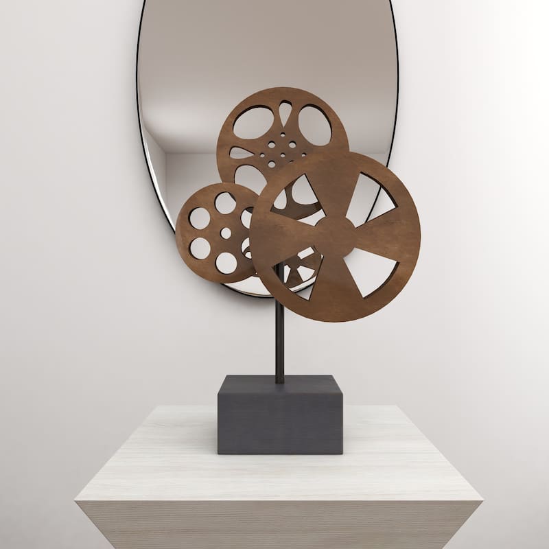 Bronze Metal Reel Film Decorative Sculpture with Elevated Block Base