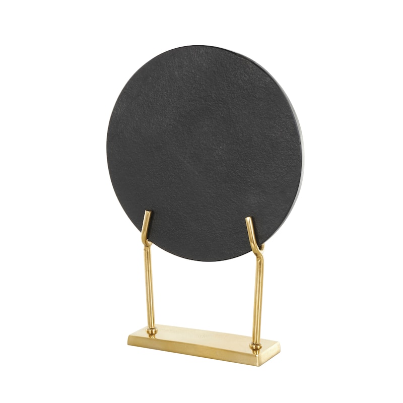 Black Marble Textured Disk Abstract Sculpture with Silver or Gold Stand