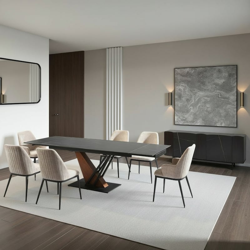 Moore Modern Extendable Rectangular Dining Table with Black Sintered Stone Table Top - Seats up to 6