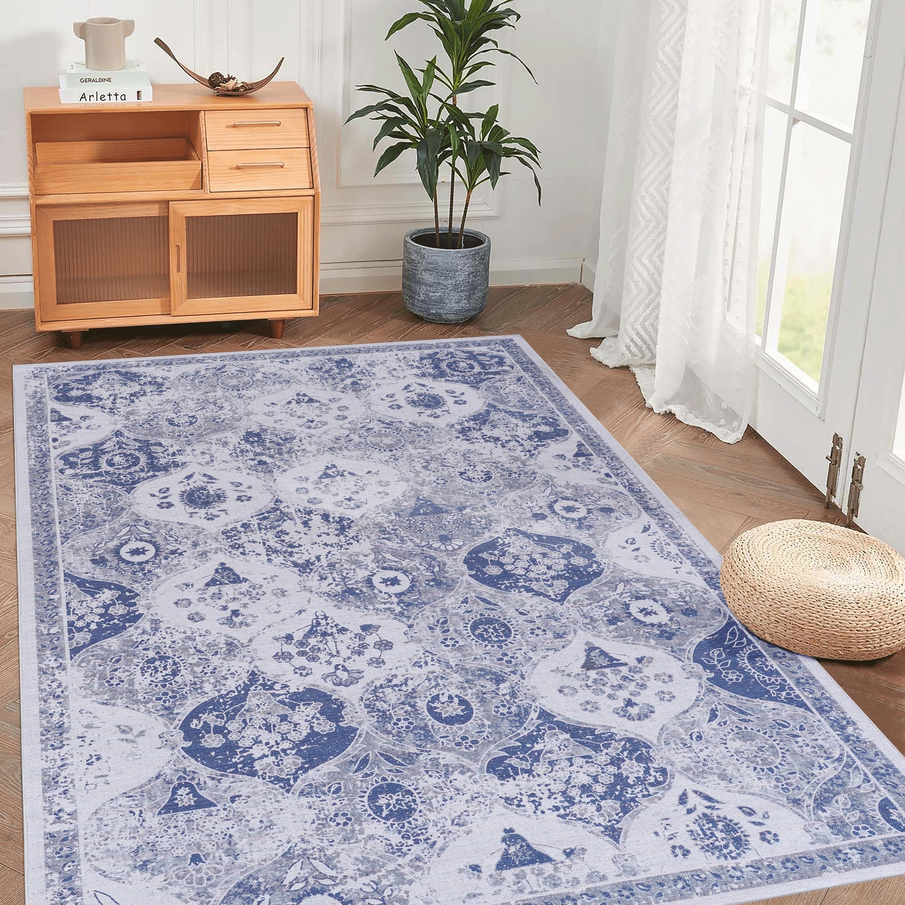 Roomfitters 8x10 Machine Washable Boho Vintage Area Rug, Non-Slip Pet Friendly Indoor Living Room Decor Carpet - Blue - 8' x 9'