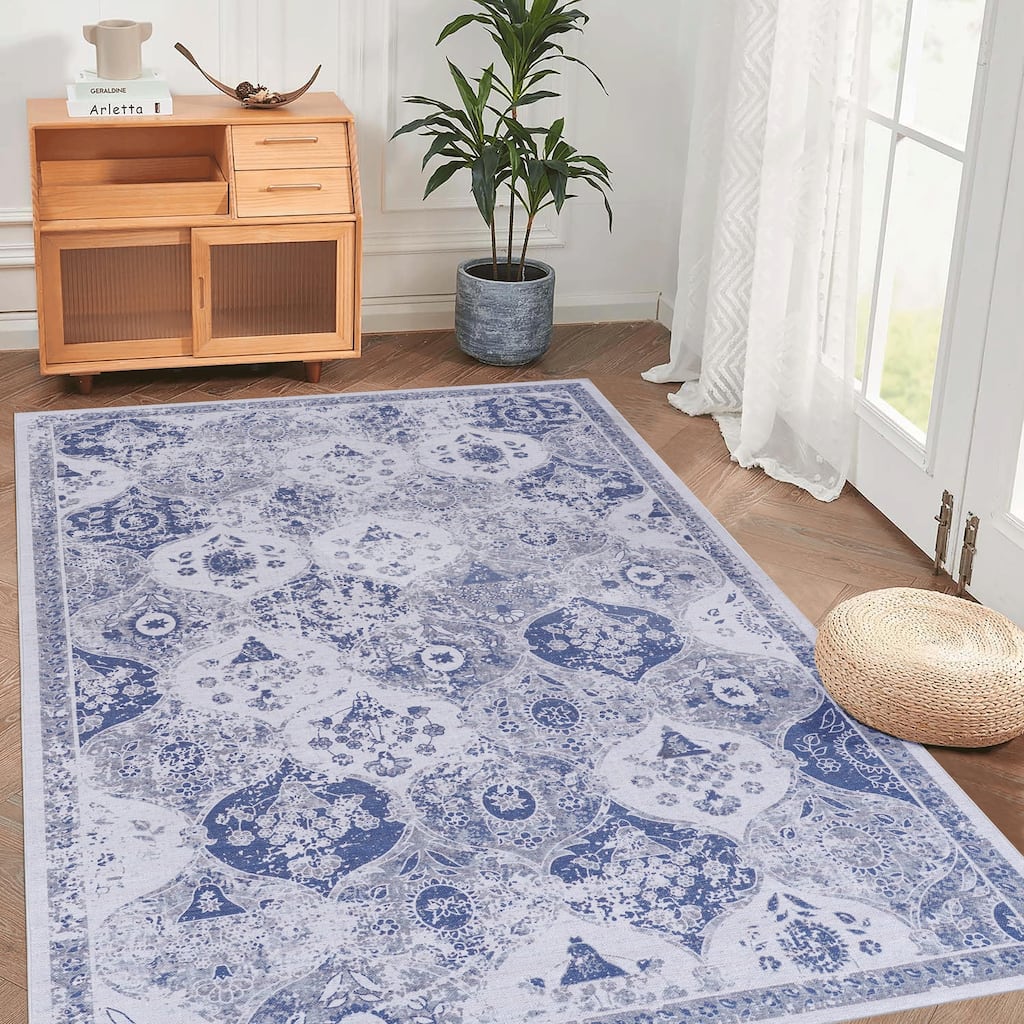 Roomfitters 8x10 Machine Washable Boho Vintage Area Rug, Non-Slip Pet Friendly Indoor Living Room Decor Carpet - Blue - 8' x 9'