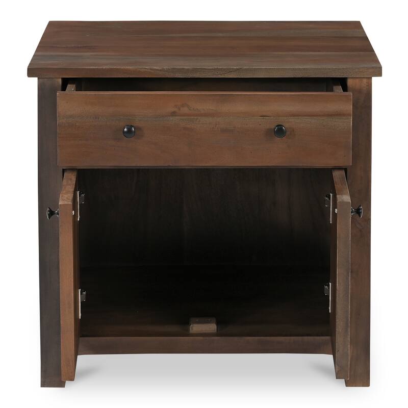 NADAAL STUDIOS Gene Nightstand, Wireless Charging in Reclaimed Neem Wood with Traditional Cabinet Design, Dark Brown