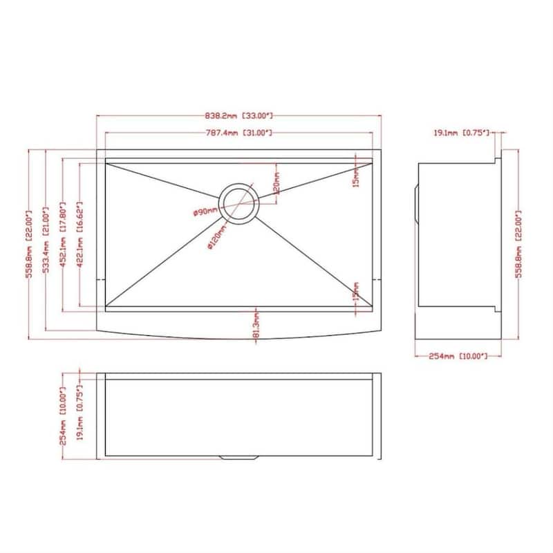 30/33/36 inch Apron Front Farmhouse Single Bowl Stainless Steel Kitchen Sink - 33"x 22"x 10"