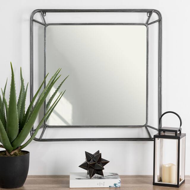 Glitzhome Oversized Iron-framed Round Wall Mirror - 29.5"H-Square - Silver/Black