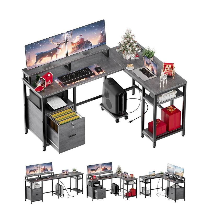 67" L Shaped Computer Desk with Power Outlet
