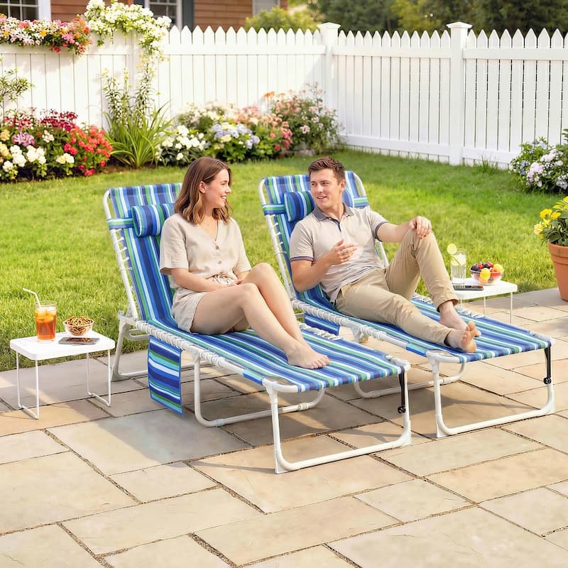 Outsunny Tanning Chair Set of 2 with Face Hole, Side Table, 5-Position Reclining Folding Chaise Lounge Chair - Multi