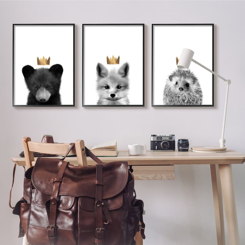 Stupell Woodland Animals Bold Crowns Black Bear Fox Hedgehog 3pc Multi Piece Framed Wall Art Set