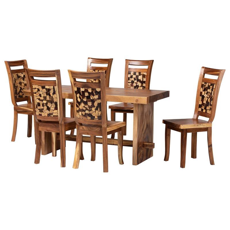 Luan Suar Wood Dining Set - Handcrafted Rectangular Solid Wood Table with Seating, Rustic Modern Kitchen or Dining Room Set - Natural Brown - 7-Piece