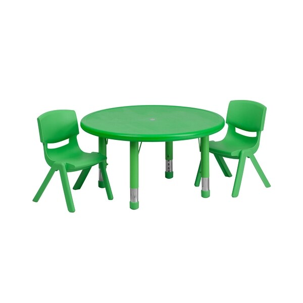 Offex 33'' Round Adjustable Green Plastic Activity Table Set with 2 School Stack Chairs