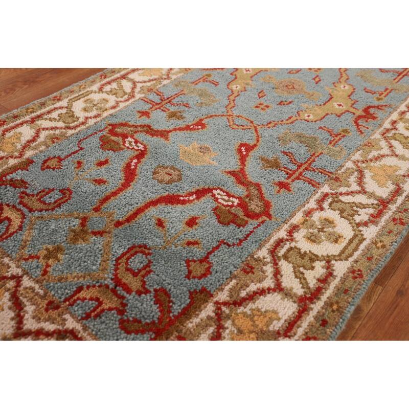 Light Blue Floral Oushak Indian Runner Rug Handmade Wool Carpet - 2'6"x 9'6"
