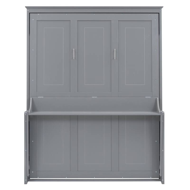 Queen Size Murphy Bed w/Shelf Foldable Platform Bed, Wooden Vertical Hidden Wall Bed Frame for Bedroom, Guest Room