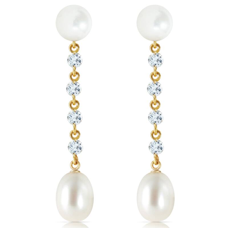 14K Solid Gold Chandelier Gemstone Earrings w/ Aquamarine & Pearl