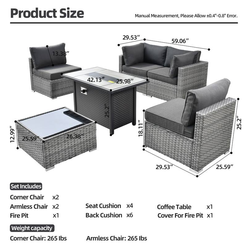 XIZZI 6-piece Patio Furniture Set Outdoor Sectional Rattan Sofa with Firepit