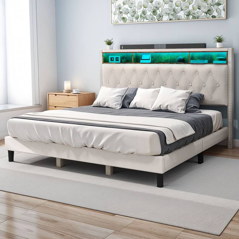 King Bed Frame with Headboard Platform Upholstered Bed Frame