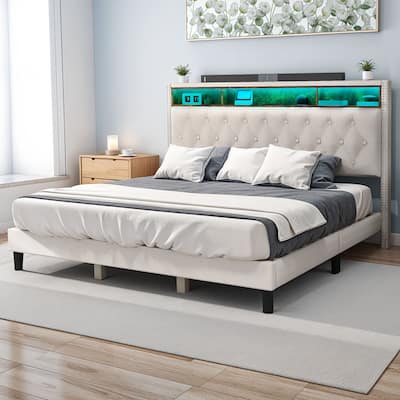 King Bed Frame with Headboard Platform Upholstered Bed Frame