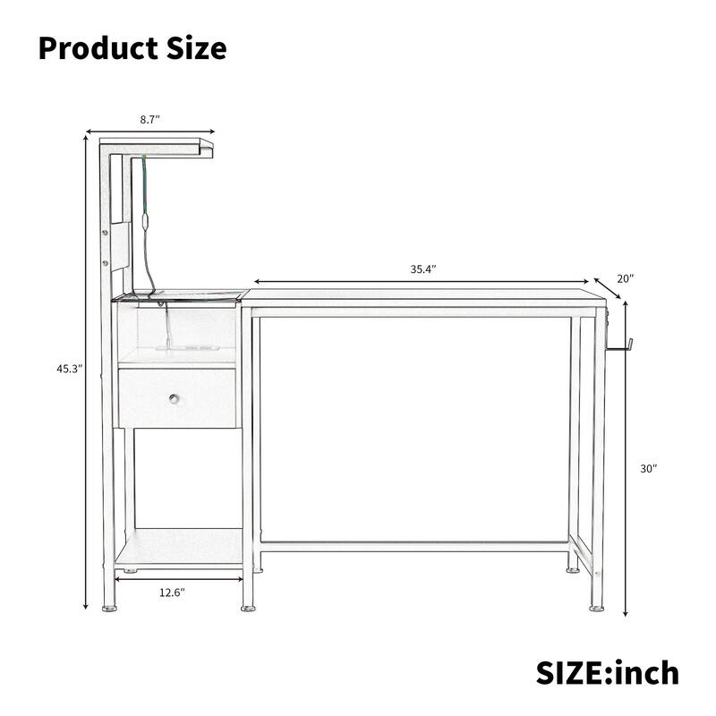 Computer Desk with Power Outlet & Storage Shelves, Study Writing Table with USB Ports Charging Station