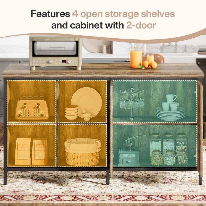 63" Industrial Kitchen Island with Seating, Storage & Cabinet - N/A