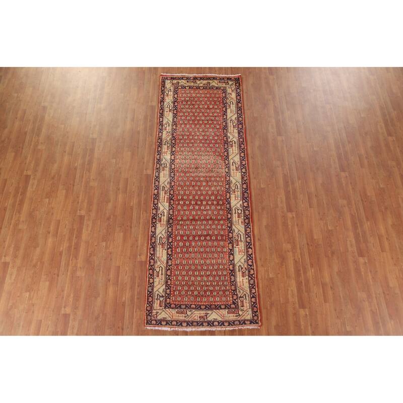 Hand Knotted Oriental 100% Wool Carpet Traditional All-Over Red Botemir Runner Rug - 10' 3'' X 3' 6''