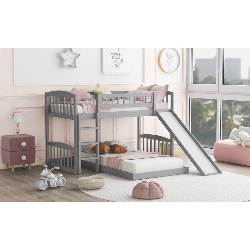 Gray Twin over Twin Solid Wood Bunk Bed with Slide and Ladder
