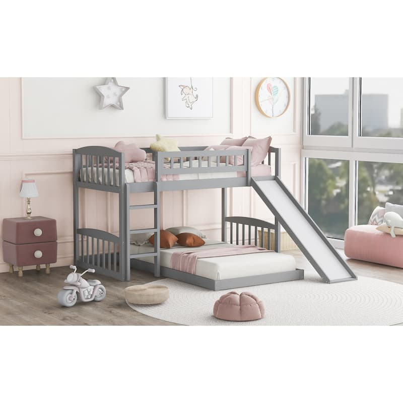 Twin Over Twin Bunk Bed with Slide and Ladder, Gray