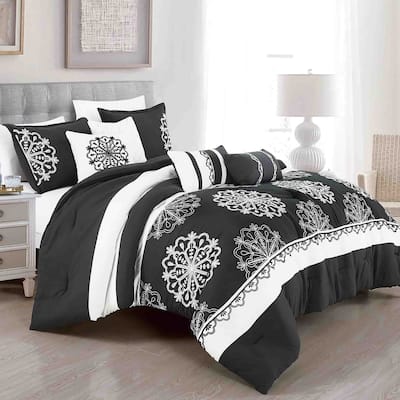 7 Piece Black White Striped Comforter Set Embroidery Soft Bedding