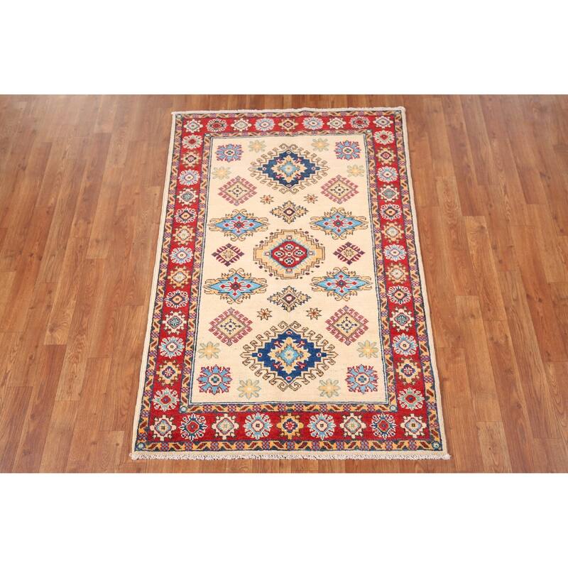 Kazak Oriental Accent Rug Handmade Beige Geometric Wool Carpet - 3'3" x 4'11"