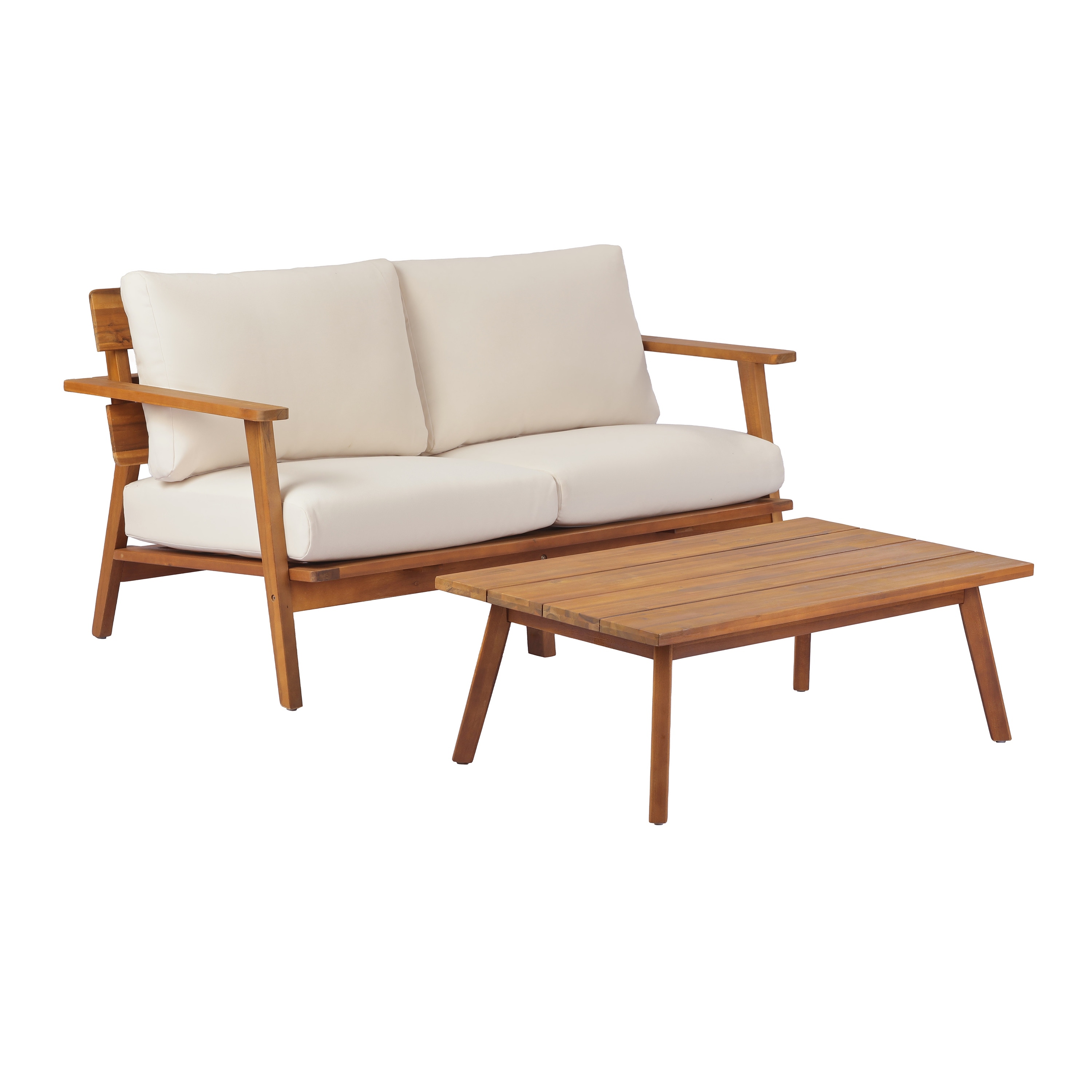 Patio Conversation Set with Wood Loveseat & Slatted Coffee Table, Teak Beige Outdoor Chat Set with Cushions