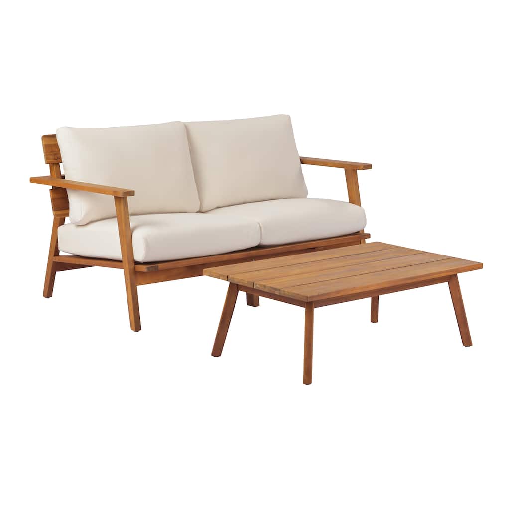 Patio Conversation Set with Wood Loveseat & Slatted Coffee Table, Teak Beige Outdoor Chat Set with Cushions