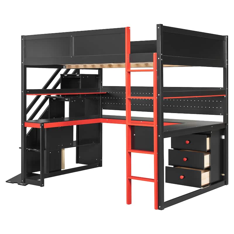 Gaming Loft Bed with Storage Stairs & Desk, Video Game Bed Wood Loft Bed Frame with Pegboard for Teens