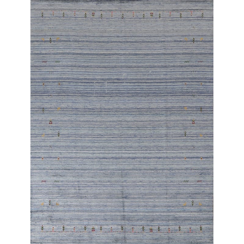 Striped Blue Gabbeh Oriental Area Rug Handmade Wool Carpet - 7'9"x 9'7"