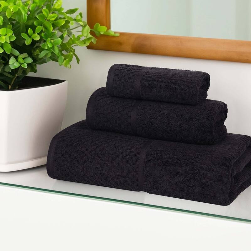 Superior Lodie Cotton Plush Absorbent Jacquard Solid 3 Piece Towel Set - Black
