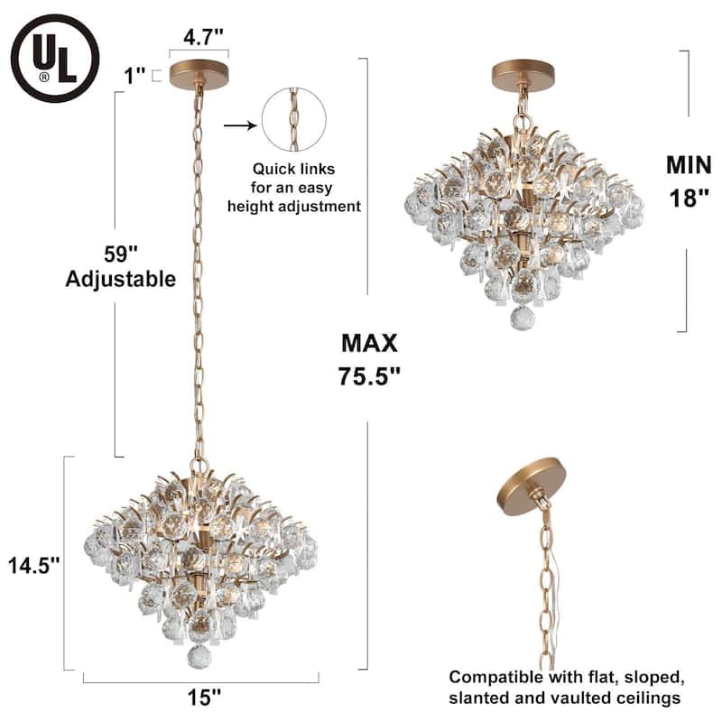 Modern Glam Tiered Crystal Globe Empire LED Farmhouse Chandelier Kitchen Island Pendant Lights for Foyer - D15" xH14.5"