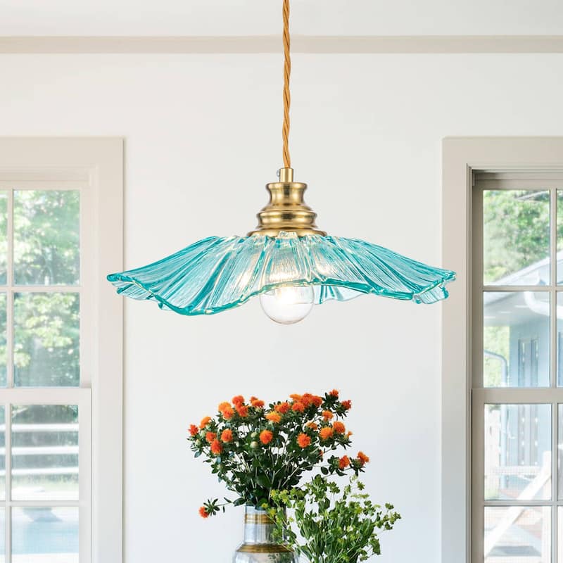 11" Flower-Shaped Red & White Gradient Glass Pendant Light Modern - Dia.11.02-in - Blue