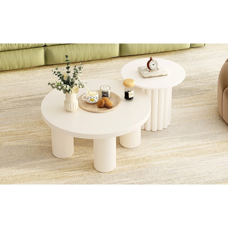 Modern Coffee Table Set of 2, Round Coffee Table with Cylindrical Leg Design and 1 End Table for Living Room