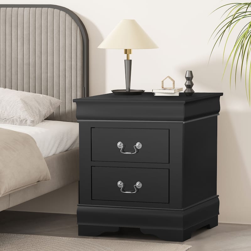 Modern Black Solid Wood 2-Drawer Nightstand Bed Side Table