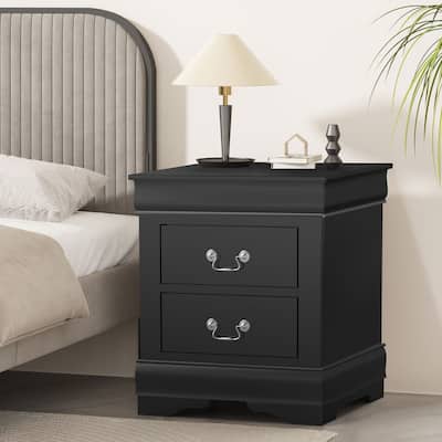 Modern Black Solid Wood 2-Drawer Nightstand Bed Side Table