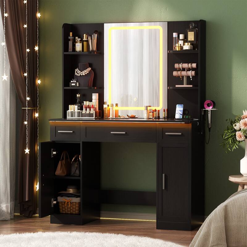 Modern Farmhouse Vanity Table with LED Mirror, Makeup Vanity Desk with Drawer, Cabinet, and Shelves