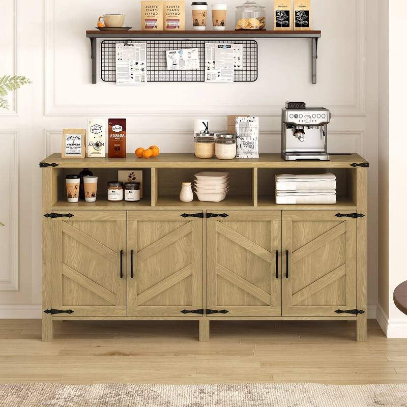 Modern 4-Door Sideboard Buffet with Power Outlets Adjustable Shelves and Half-Open Storage Design