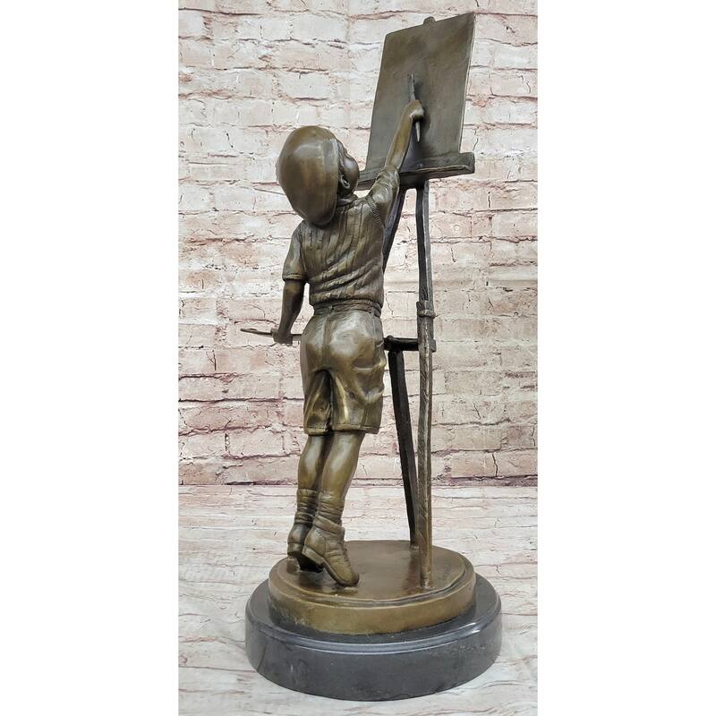 Young Artist Bronze Sculpture – Boy With Easel On Marble Base