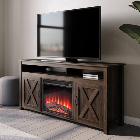 BELLEZE 58" Wood TV Stand W/ 23" Fireplace & Storage