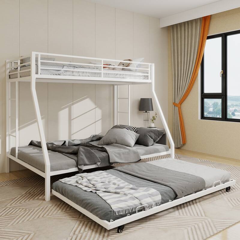 High - Stability Square Tube Bunk Bed, Featuring Ladder & Rolling Trundle, Modern Minimalist Look, Full