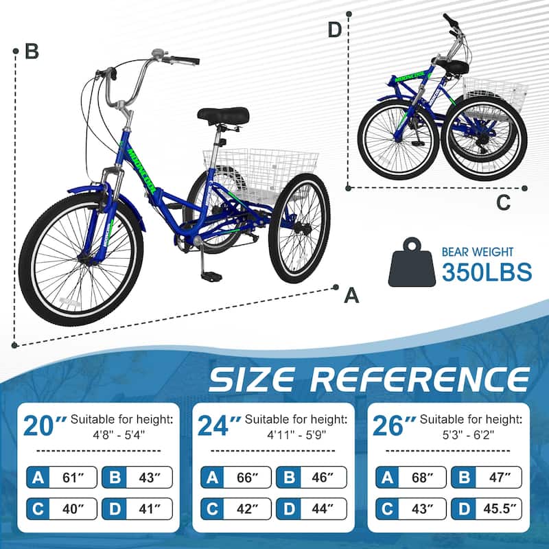 DoCred Adult Folding Tricycle, 7 Speed 3-Wheel Bicycle with Basket
