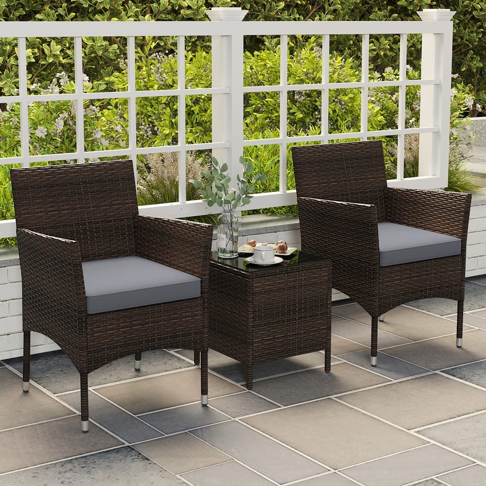 Gymax 3 PCS Outdoor Conversation Set w/ Cushioned Seat & Tempered