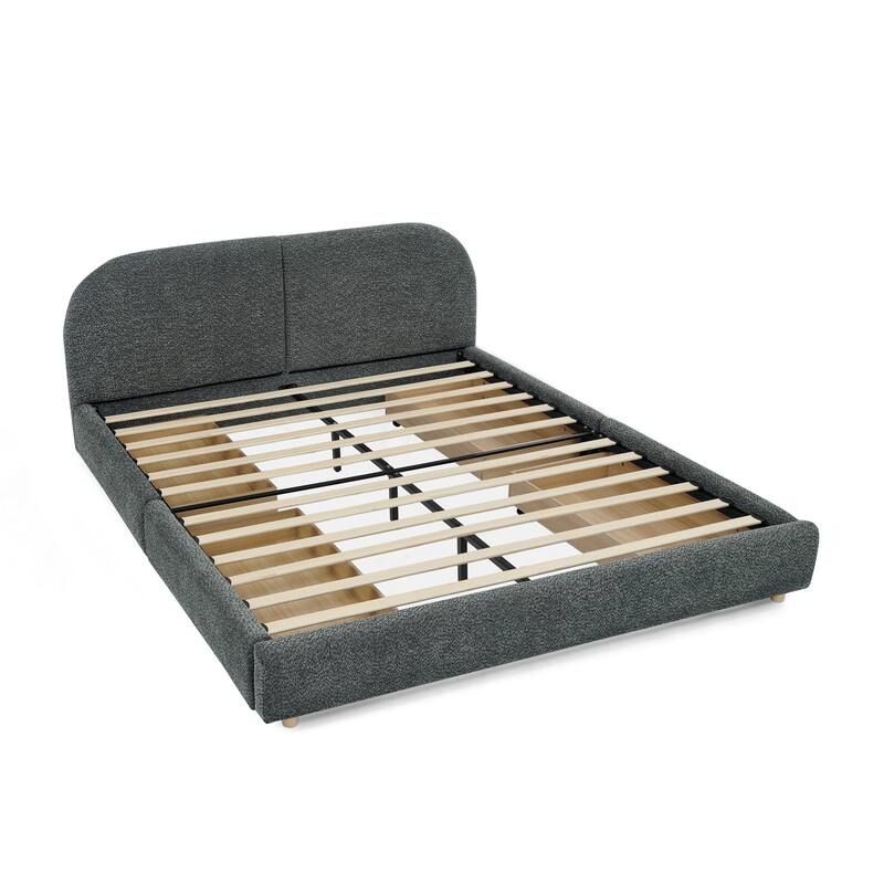 Queen Size Upholstered Bed Frame Modern Minimalist Style - Circle Yarn Fabric, Tall Curved Headboard