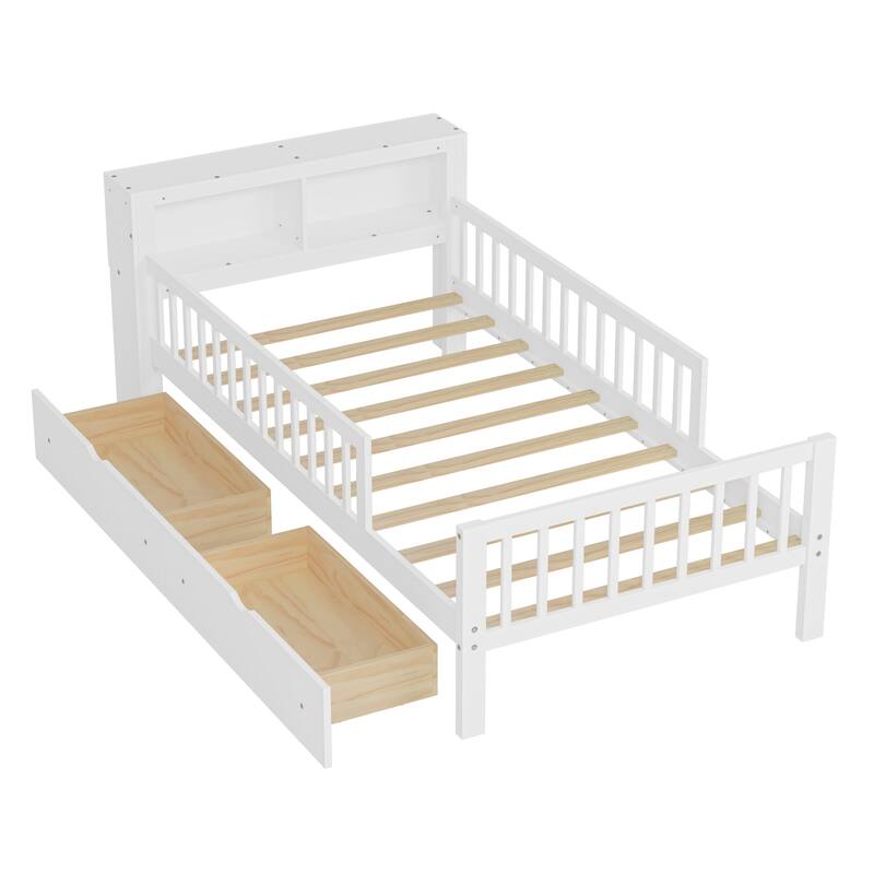 Twin Wood Storage Bed with 3-Side Guardrails, Underbed Drawers & Headboard Storage