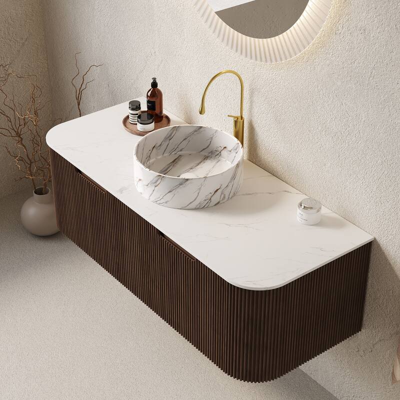 GDFStudio - Dina Modern 48" Floating Bathroom Vanity with Striped Curved Drawers & White Round Ceramic Basin, WITHOUT Faucet