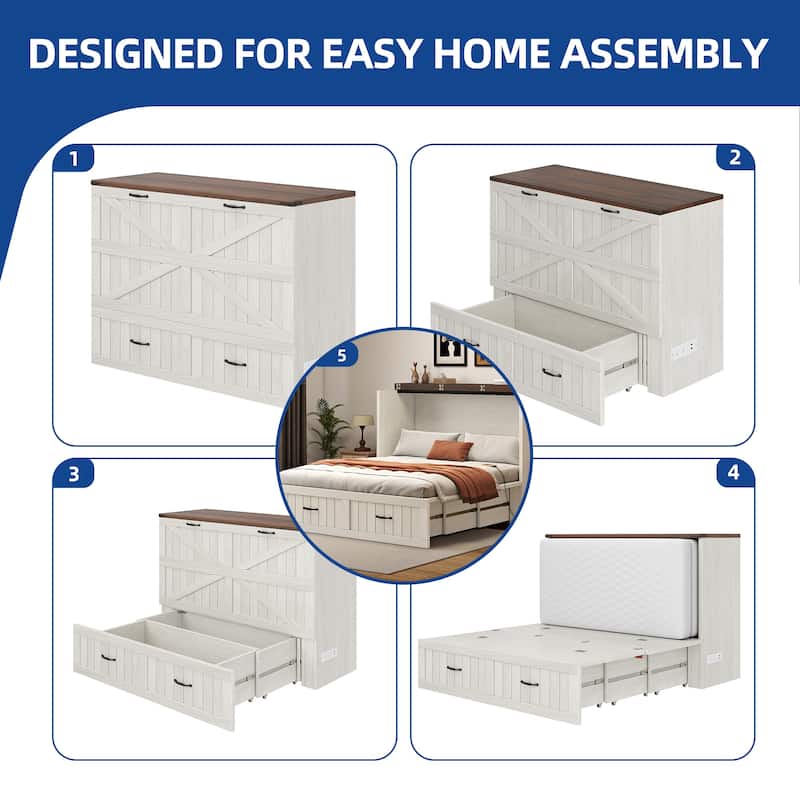 Moasis Farmhouse Full Size Murphy Bed Cabinet with Charging Station, Large Storage Drawer