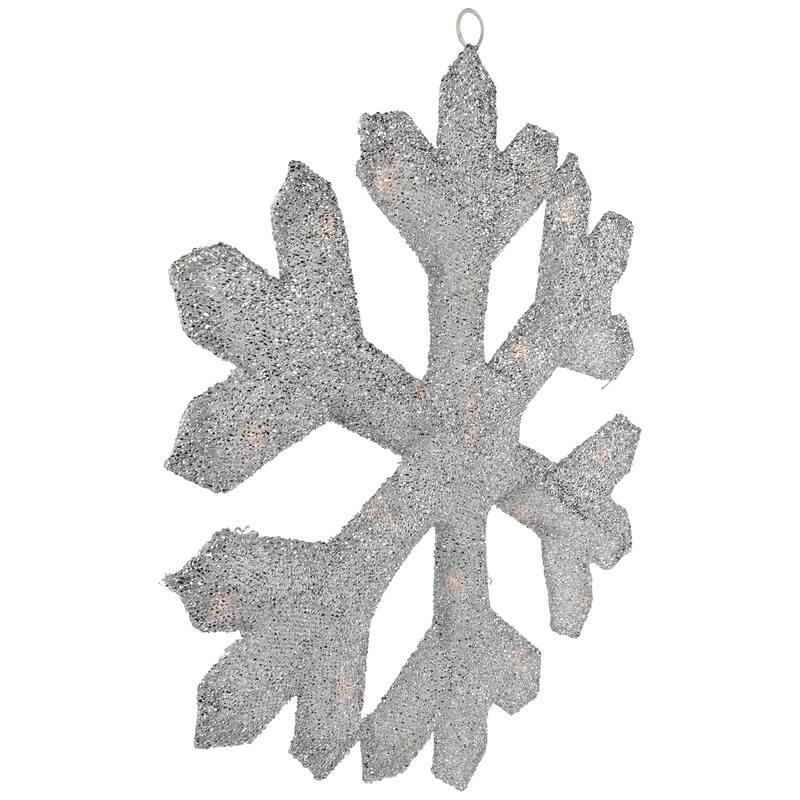 Lighted Tinsel Snowflake Christmas Window Decoration - 20" - Silver - Clear Lights